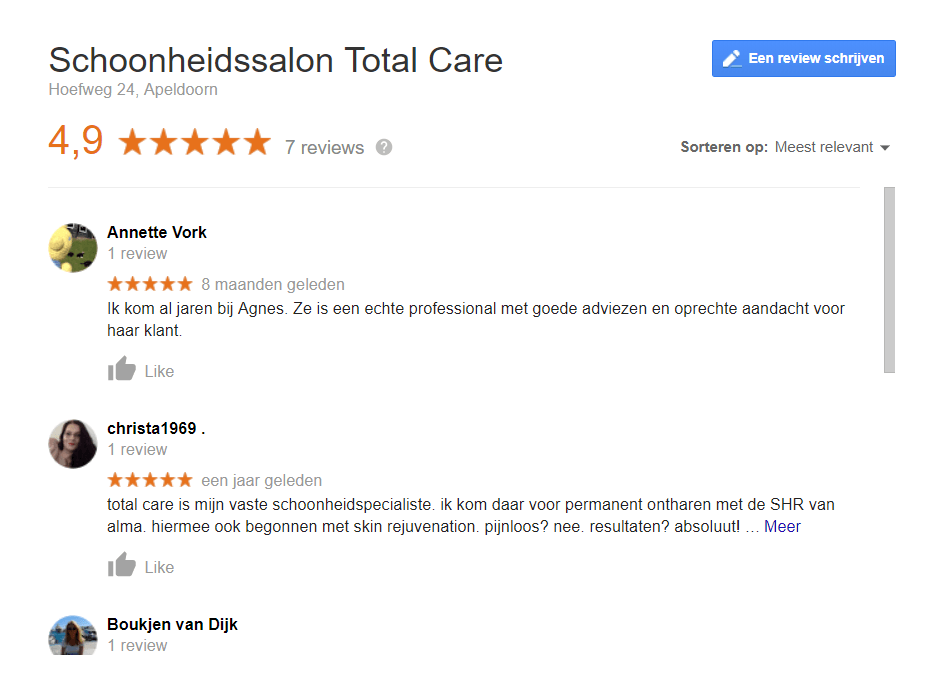 Google beoordelingen Schoonheidssalon Total Care